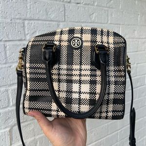 Tory Burch Robinson plaid boston bag satchel black ivory white